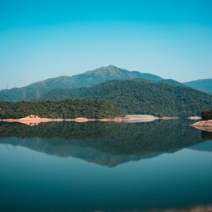 Lake Reflections - Calm lake with mountains and green forests refle #14335861