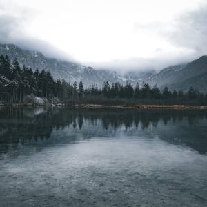 Lake Reflections - Scenic winter landscape of snowcapped mountains  #19057218