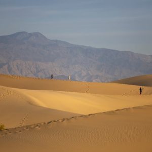 Desert Wilderness - Three hikers traverse the golden sands against a #28639382