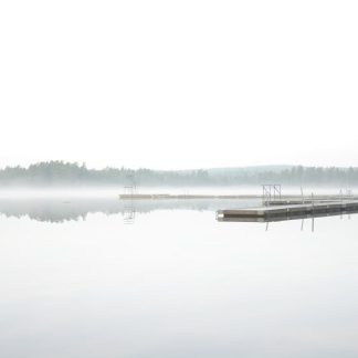 Lake Reflections - A tranquil misty lake scene with a wooden dock e #35081742