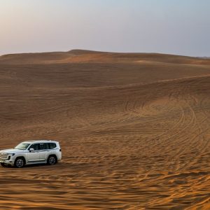Desert Wilderness - White SUV traversing expansive desert dunes at s #35110924
