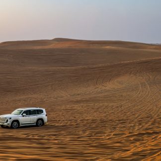 Desert Wilderness - White SUV traversing expansive desert dunes at s #35110924