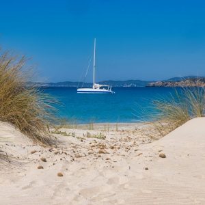 Beach Scenery - Idyllic beach view with a sailboat on clear blue #35141854